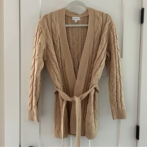 Evereve Cable Knit Cardigan Sweater with Tie - Tan‎ Brown, Size Small
